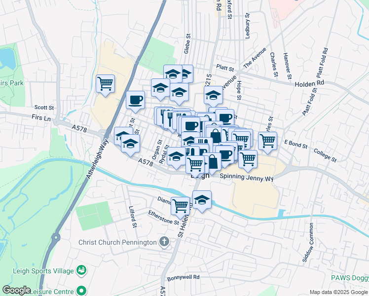 map of restaurants, bars, coffee shops, grocery stores, and more near Stringer Street in Greater Manchester