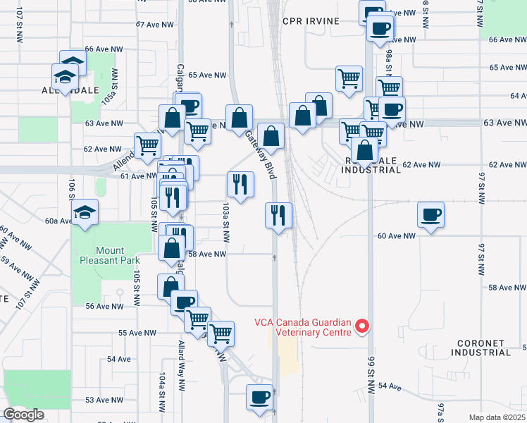 map of restaurants, bars, coffee shops, grocery stores, and more near 5910 Gateway Boulevard Northwest in Edmonton