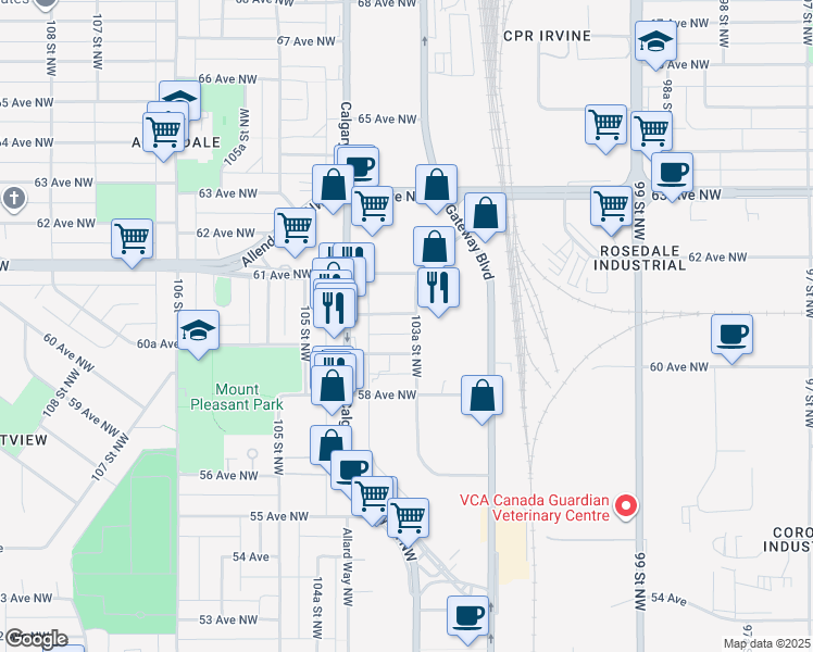 map of restaurants, bars, coffee shops, grocery stores, and more near 10359 59 Avenue Northwest in Edmonton