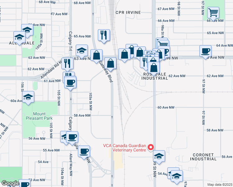 map of restaurants, bars, coffee shops, grocery stores, and more near 6005 Gateway Boulevard Northwest in Edmonton
