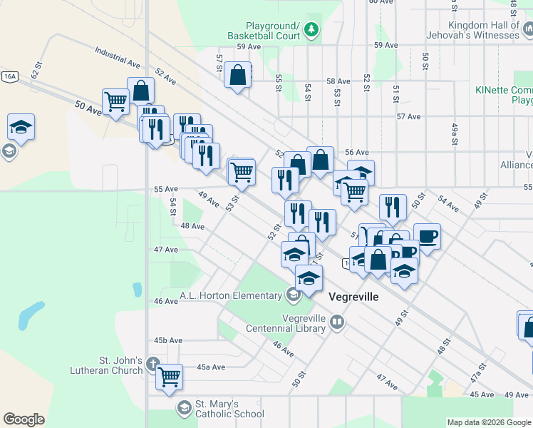 map of restaurants, bars, coffee shops, grocery stores, and more near 5222 50 Avenue in Vegreville
