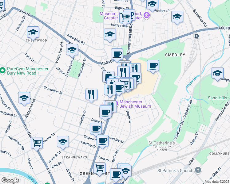 map of restaurants, bars, coffee shops, grocery stores, and more near 173 Cheetham Hill Road in Greater Manchester