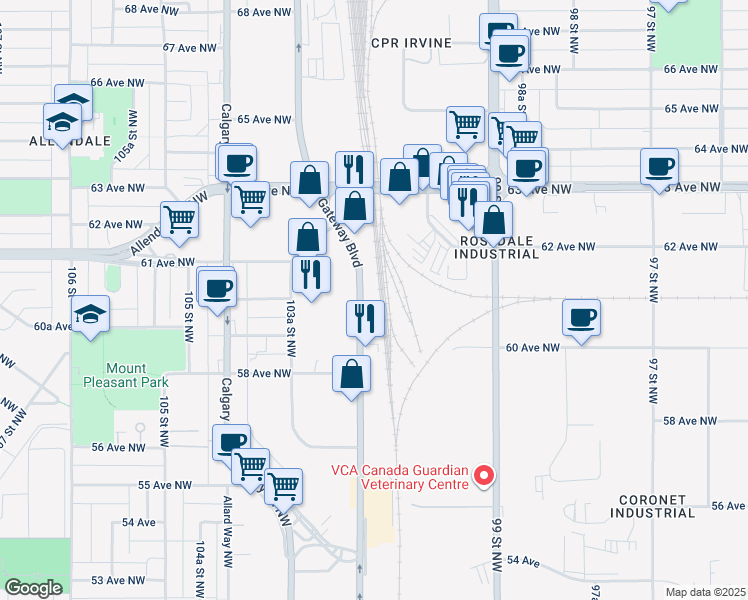 map of restaurants, bars, coffee shops, grocery stores, and more near 6005 Gateway Boulevard Northwest in Edmonton