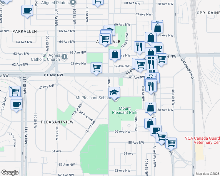 map of restaurants, bars, coffee shops, grocery stores, and more near 6051 106 Street in Edmonton