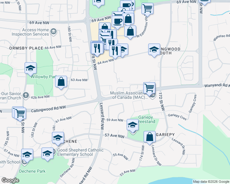 map of restaurants, bars, coffee shops, grocery stores, and more near 6243 178 Street Northwest in Edmonton
