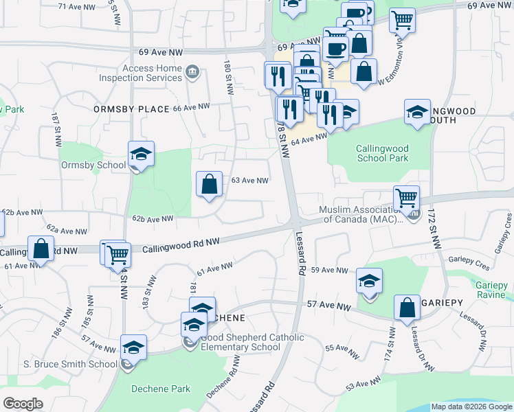map of restaurants, bars, coffee shops, grocery stores, and more near 17912 62C Avenue Northwest in Edmonton