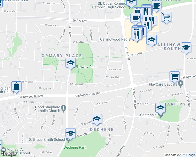 map of restaurants, bars, coffee shops, grocery stores, and more near 6212 180 Street Northwest in Edmonton