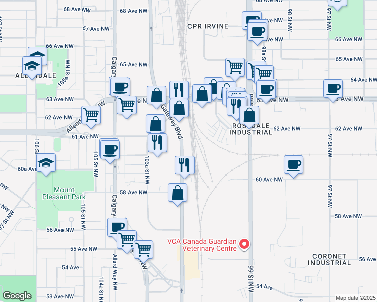map of restaurants, bars, coffee shops, grocery stores, and more near 6005 Gateway Boulevard Northwest in Edmonton