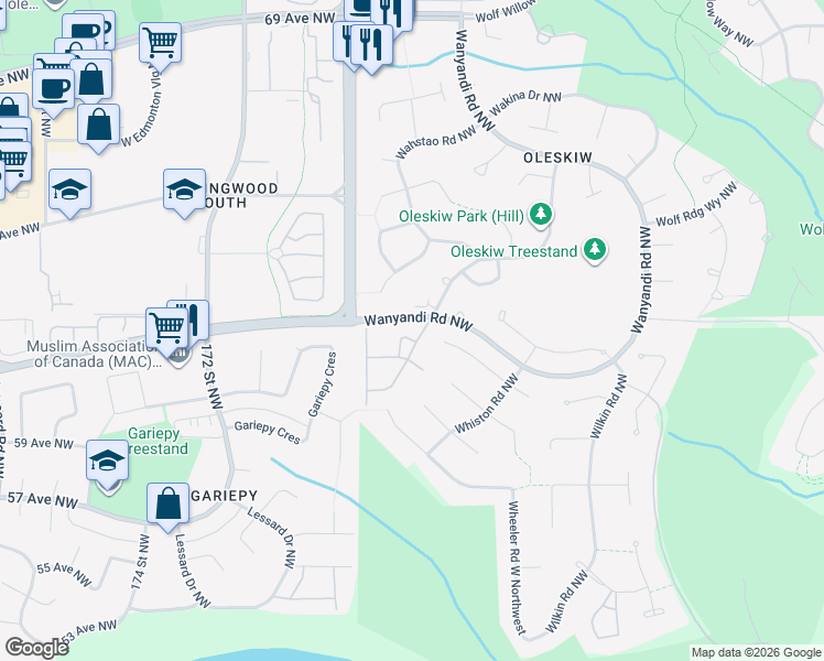 map of restaurants, bars, coffee shops, grocery stores, and more near 1225 Wanyandi Road Northwest in Edmonton