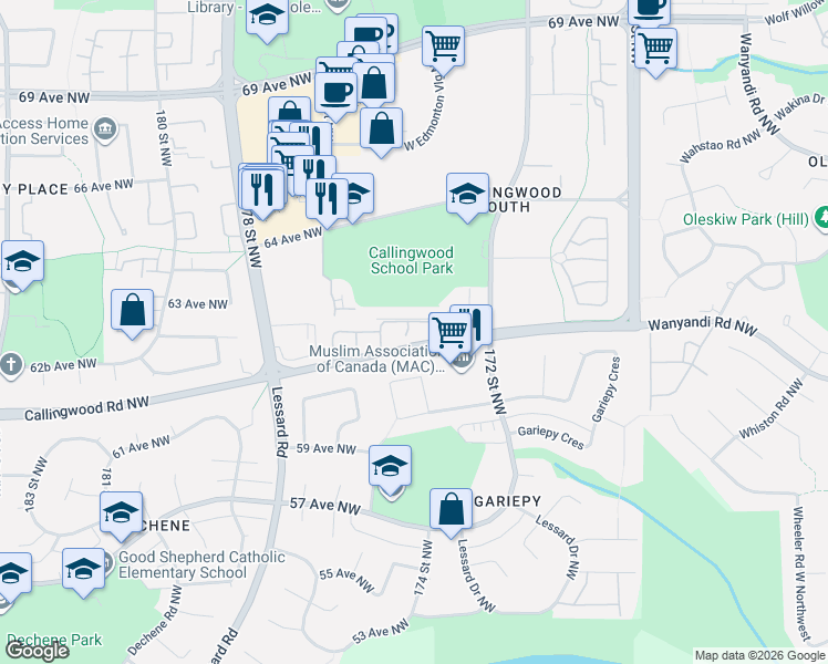 map of restaurants, bars, coffee shops, grocery stores, and more near Callingwood Road Northwest in Edmonton