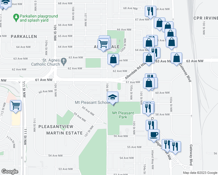 map of restaurants, bars, coffee shops, grocery stores, and more near 6051 106 Street in Edmonton