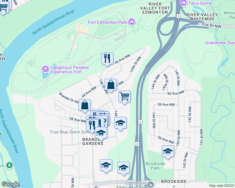 map of restaurants, bars, coffee shops, grocery stores, and more near 14708 Riverbend Road Northwest in Edmonton