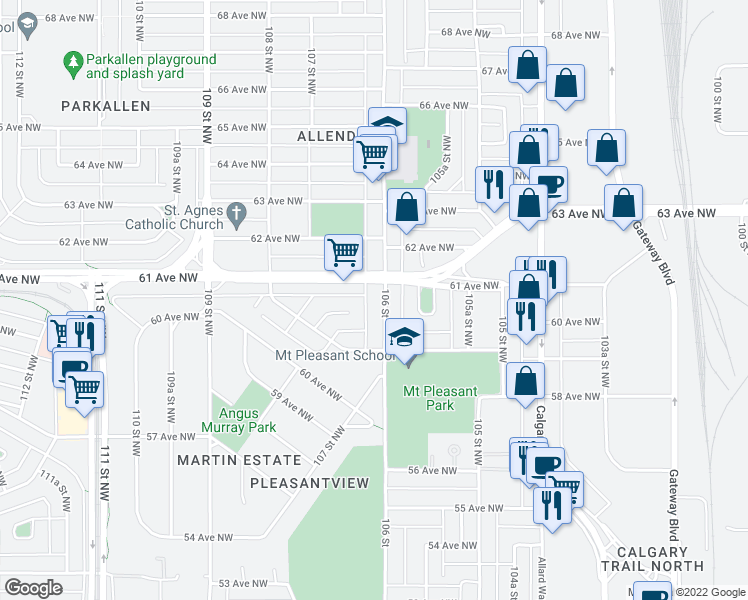 map of restaurants, bars, coffee shops, grocery stores, and more near 6060 106 Street in Edmonton