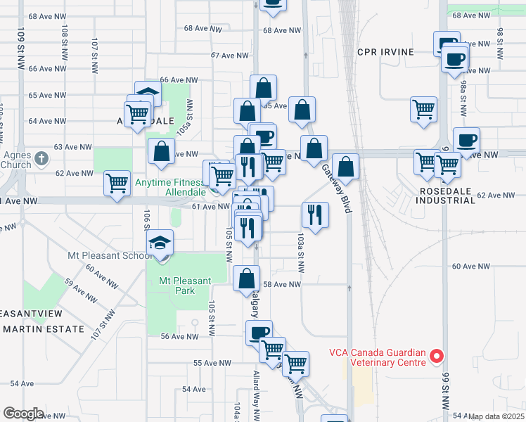 map of restaurants, bars, coffee shops, grocery stores, and more near 6029 104 Street Northwest in Edmonton