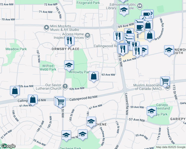 map of restaurants, bars, coffee shops, grocery stores, and more near 6212 180 Street Northwest in Edmonton