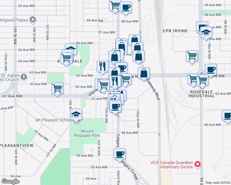 map of restaurants, bars, coffee shops, grocery stores, and more near 6217 104 Street Northwest in Edmonton