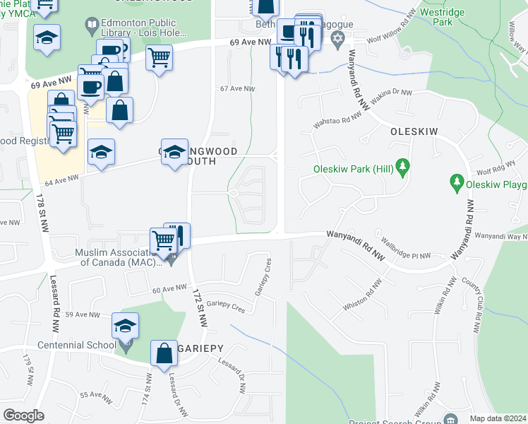 map of restaurants, bars, coffee shops, grocery stores, and more near 179 Callingwood Place in Edmonton