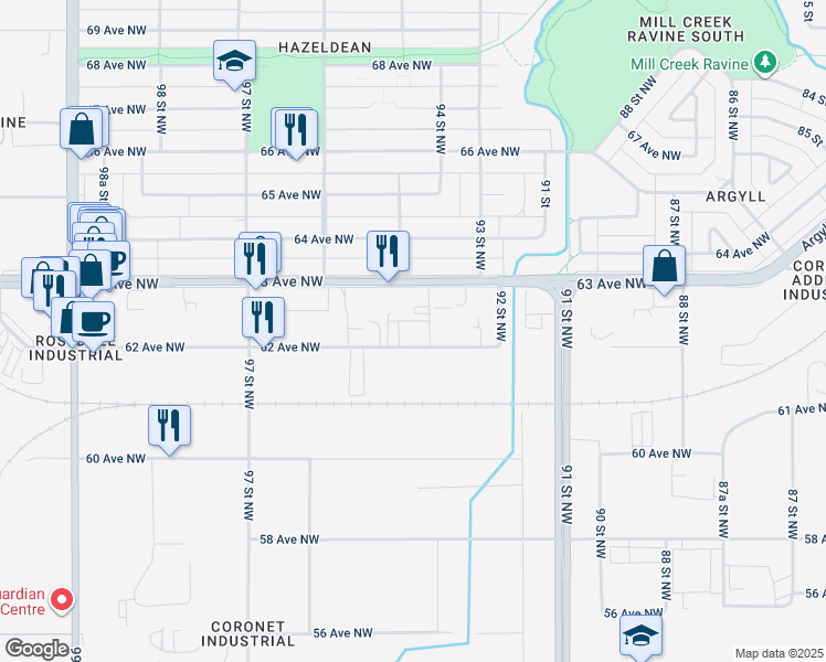 map of restaurants, bars, coffee shops, grocery stores, and more near 9504 62 Avenue Northwest in Edmonton
