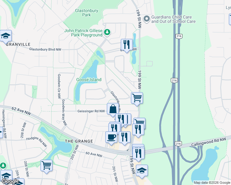 map of restaurants, bars, coffee shops, grocery stores, and more near 1625 Glastonbury Boulevard Northwest in Edmonton