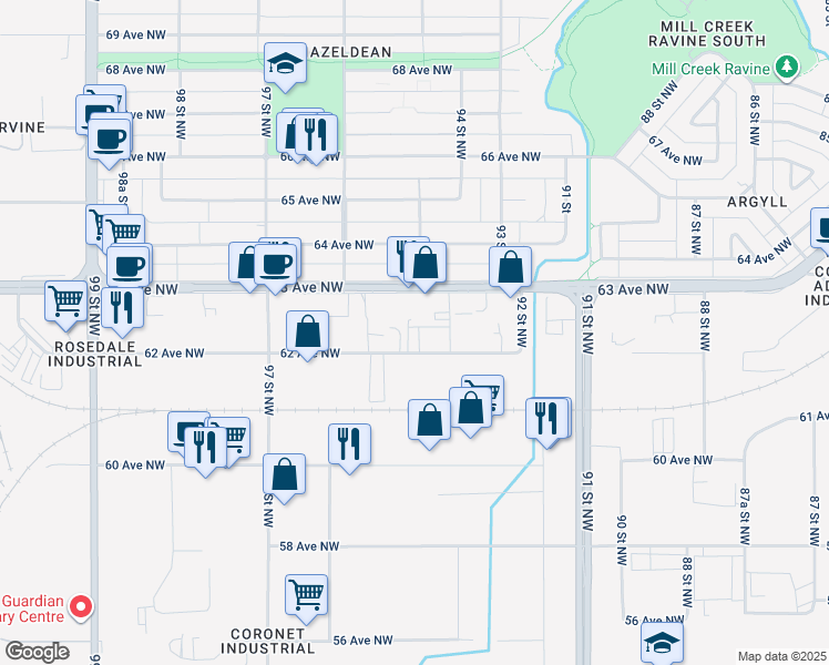 map of restaurants, bars, coffee shops, grocery stores, and more near 9504 62 Avenue Northwest in Edmonton