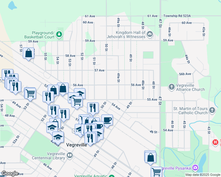 map of restaurants, bars, coffee shops, grocery stores, and more near 5537 50 Street in Vegreville