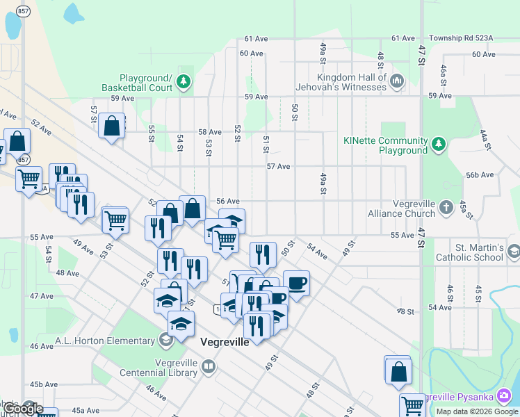 map of restaurants, bars, coffee shops, grocery stores, and more near 5526 51 Street in Vegreville