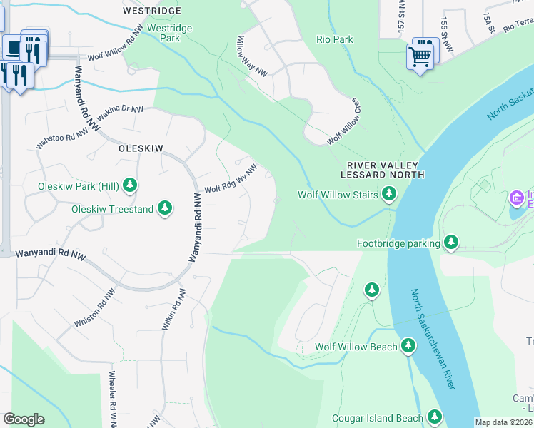 map of restaurants, bars, coffee shops, grocery stores, and more near 152 Wolf Ridge Place Northwest in Edmonton