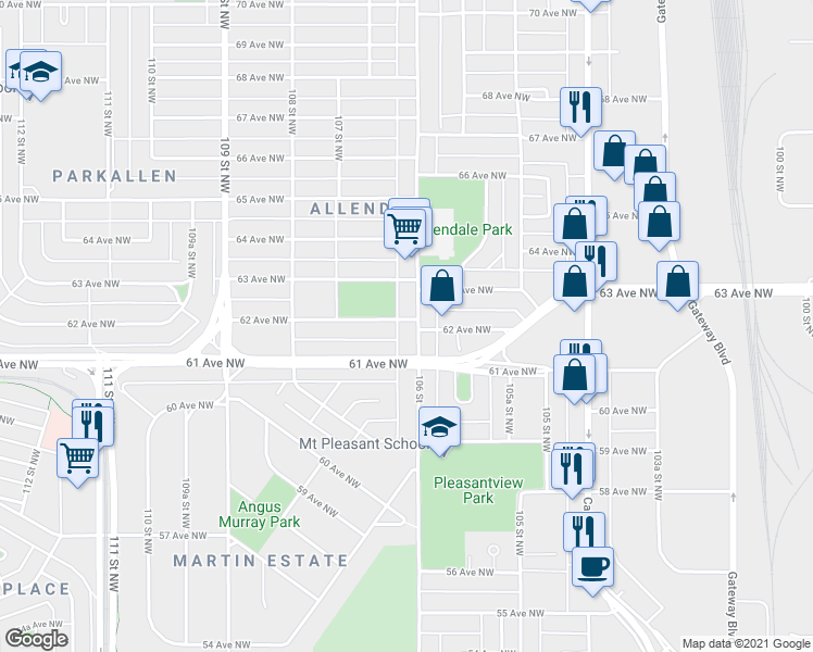 map of restaurants, bars, coffee shops, grocery stores, and more near 10609 62 Avenue Northwest in Edmonton