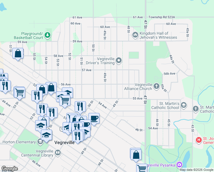 map of restaurants, bars, coffee shops, grocery stores, and more near 5529 49A Street in Vegreville