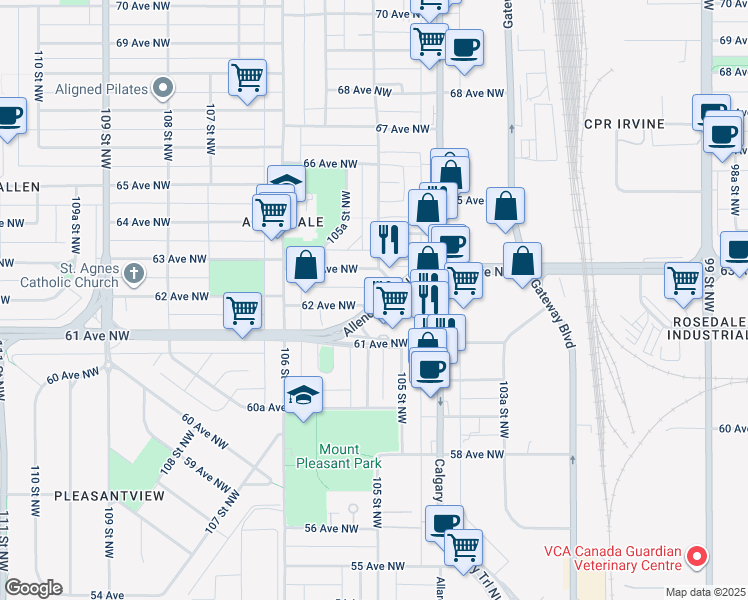 map of restaurants, bars, coffee shops, grocery stores, and more near 10502 62 Avenue Northwest in Edmonton