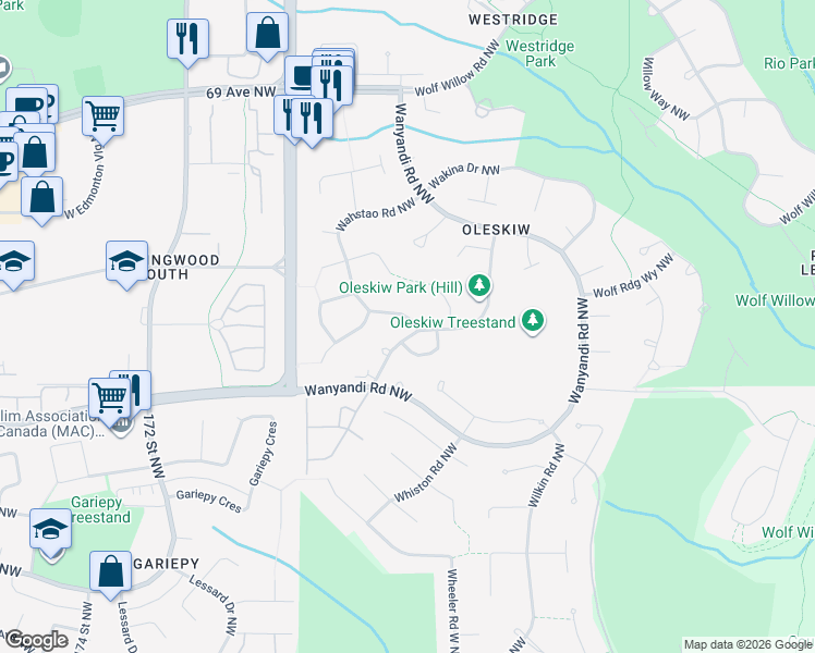 map of restaurants, bars, coffee shops, grocery stores, and more near 620 Wahstao Road Northwest in Edmonton