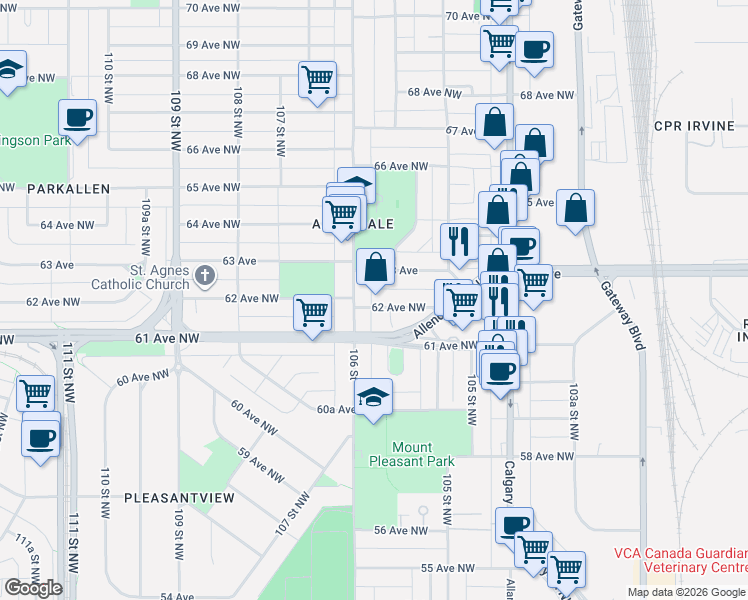 map of restaurants, bars, coffee shops, grocery stores, and more near 10570 62 Avenue Northwest in Edmonton