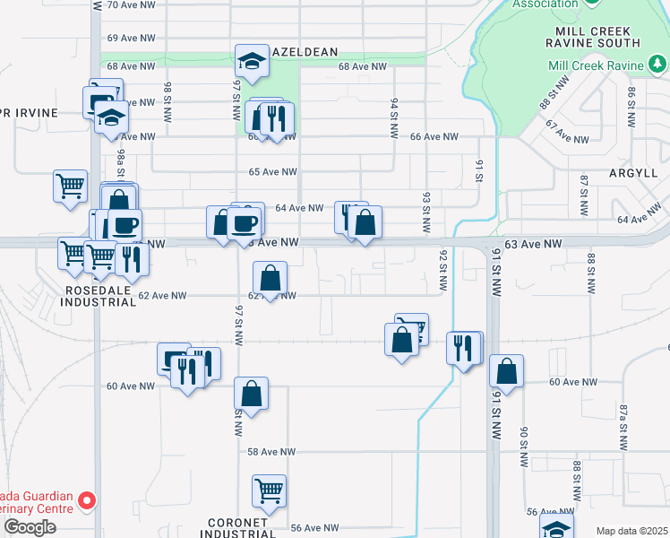 map of restaurants, bars, coffee shops, grocery stores, and more near 9529 63 Avenue Northwest in Edmonton