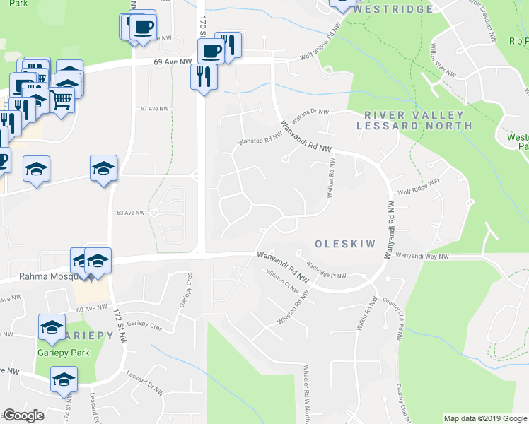 map of restaurants, bars, coffee shops, grocery stores, and more near 620 Wahstao Road Northwest in Edmonton