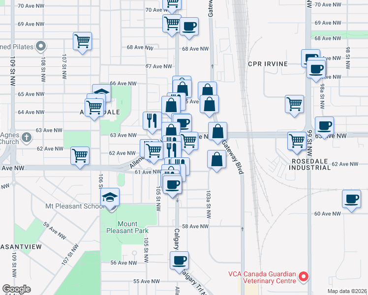 map of restaurants, bars, coffee shops, grocery stores, and more near 6217 104 Street Northwest in Edmonton