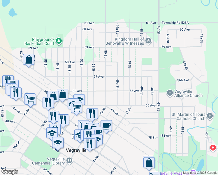 map of restaurants, bars, coffee shops, grocery stores, and more near 5537 50 Street in Vegreville