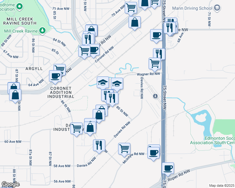map of restaurants, bars, coffee shops, grocery stores, and more near 6310 Wagner Road Northwest in Edmonton