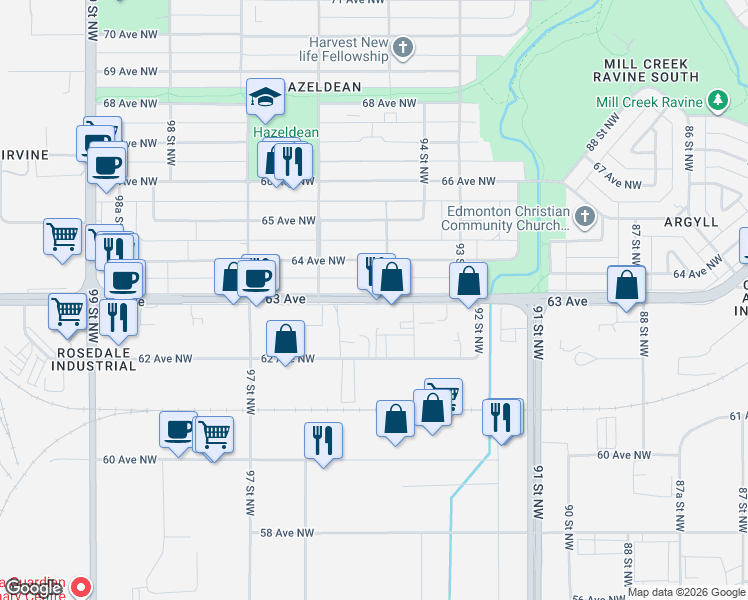 map of restaurants, bars, coffee shops, grocery stores, and more near 9509 63 Avenue in Edmonton