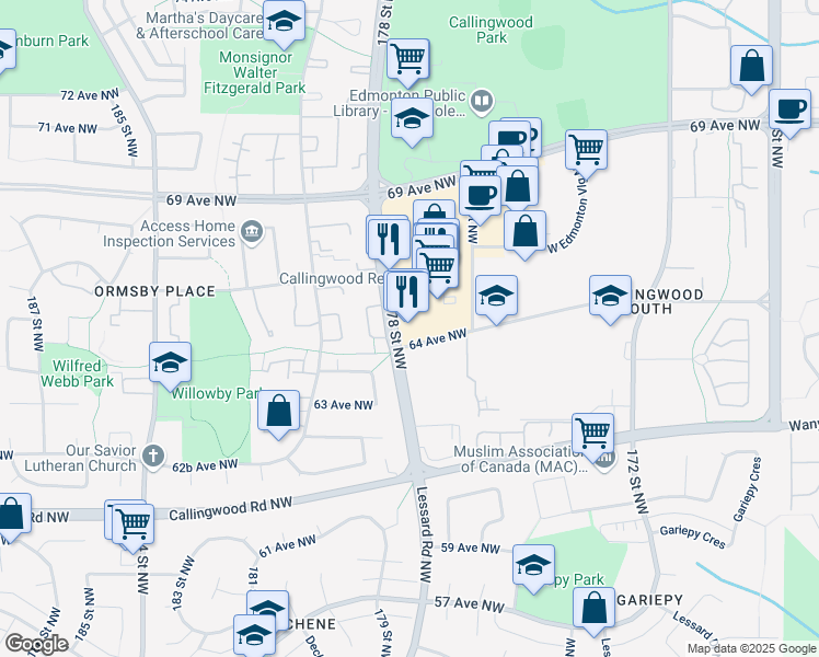 map of restaurants, bars, coffee shops, grocery stores, and more near 6655 178 Street Northwest in Edmonton