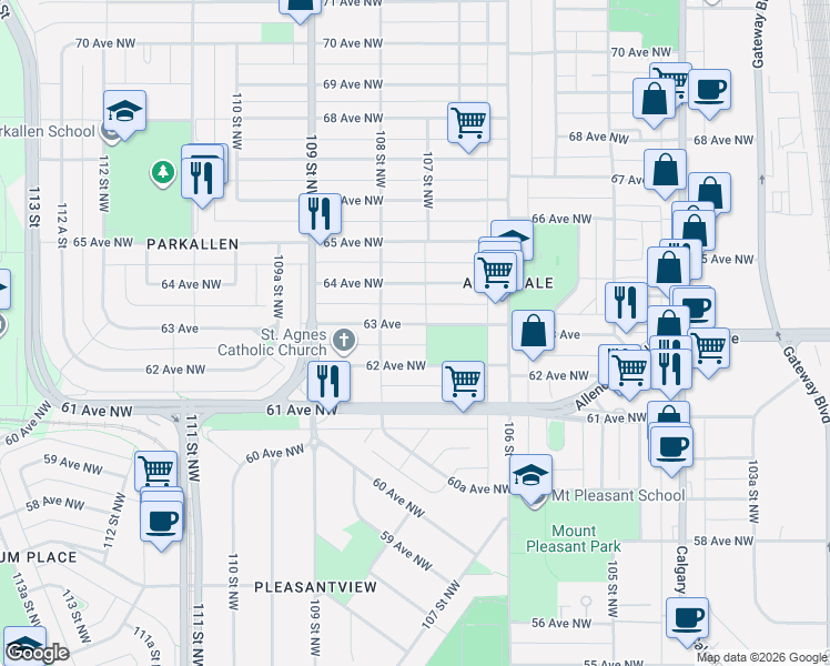 map of restaurants, bars, coffee shops, grocery stores, and more near 10670 63 Avenue Northwest in Edmonton