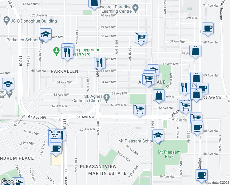 map of restaurants, bars, coffee shops, grocery stores, and more near 10802 63 Avenue Northwest in Edmonton