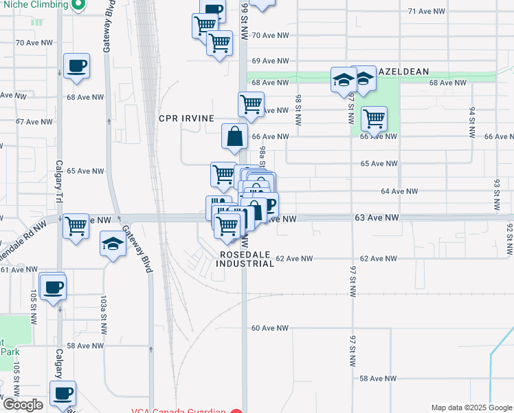 map of restaurants, bars, coffee shops, grocery stores, and more near 9868 63 Avenue Northwest in Edmonton