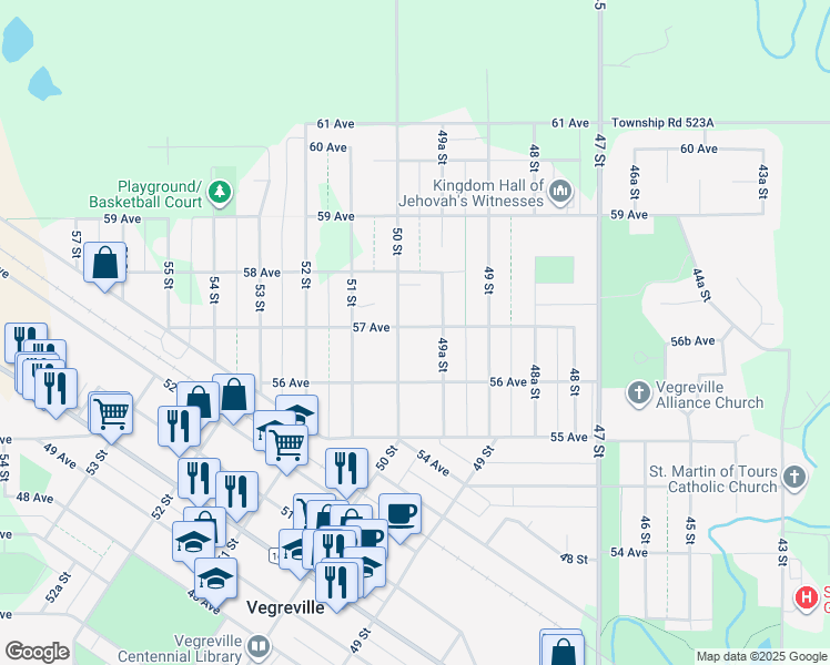 map of restaurants, bars, coffee shops, grocery stores, and more near 5645 50 Street in Vegreville