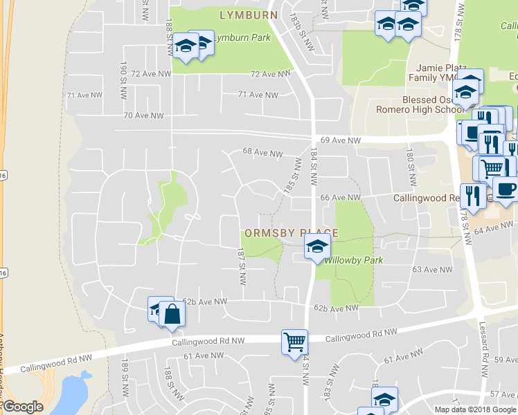 map of restaurants, bars, coffee shops, grocery stores, and more near 6427 187 Street Northwest in Edmonton
