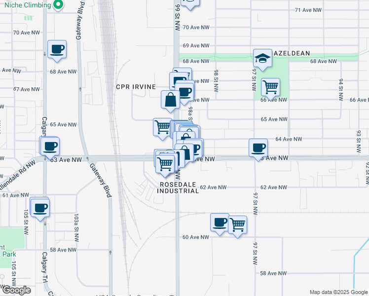 map of restaurants, bars, coffee shops, grocery stores, and more near 9868 63 Avenue Northwest in Edmonton
