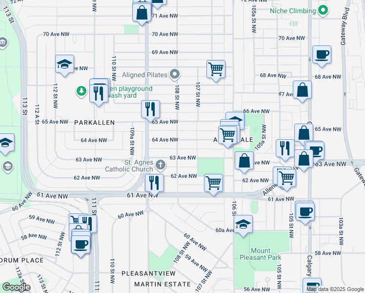 map of restaurants, bars, coffee shops, grocery stores, and more near 10802 63 Avenue Northwest in Edmonton
