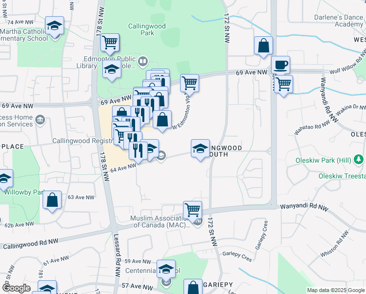 map of restaurants, bars, coffee shops, grocery stores, and more near 17404 64 Avenue Northwest in Edmonton