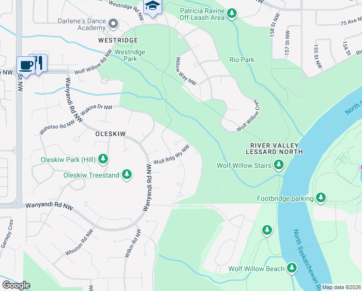 map of restaurants, bars, coffee shops, grocery stores, and more near 324 Wolf Ridge Way in Edmonton