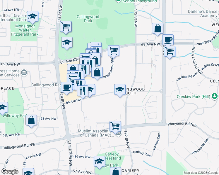 map of restaurants, bars, coffee shops, grocery stores, and more near 17404 64 Avenue Northwest in Edmonton