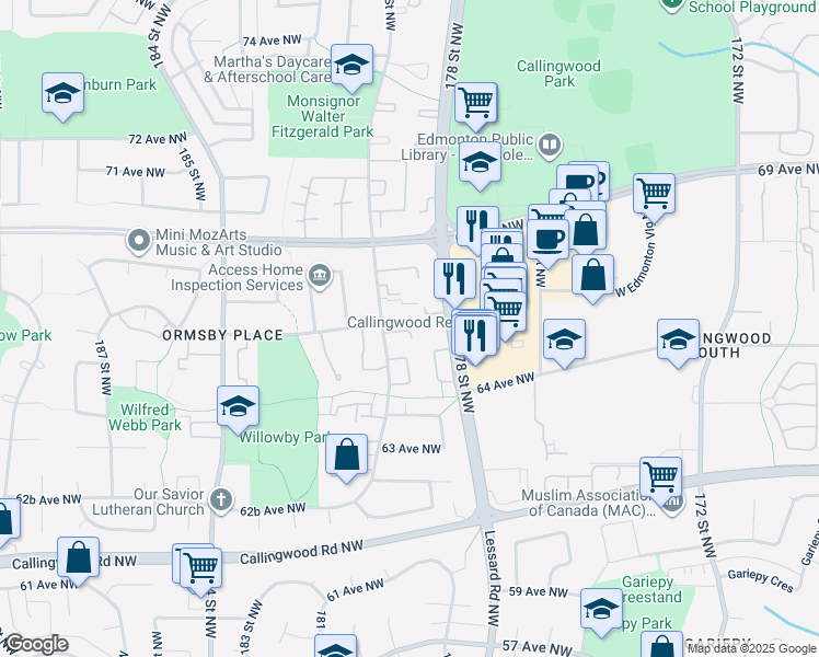 map of restaurants, bars, coffee shops, grocery stores, and more near in Edmonton